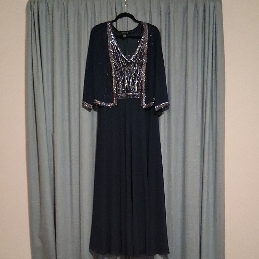 J Kara Midnight Blue Long Sleeve Gown with Silver Accents